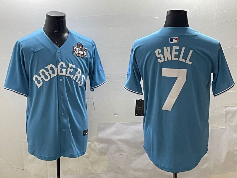 Men Los Angeles Dodgers 7 Snell Light Blue Joint Name 2025 Nike MLB Jersey style 5